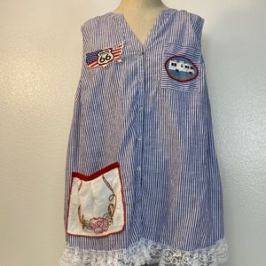 Vintage TFM Blue Striped, Sleeveless, Patchwork Top, Size Extra Large